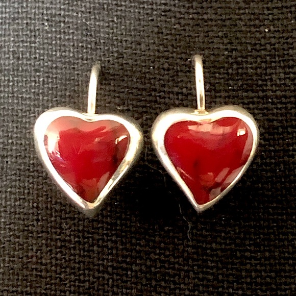 TAXCO Sterling Silver Red Jasper Heart Cabochon Drop Dangle Earrings - Picture 9 of 16